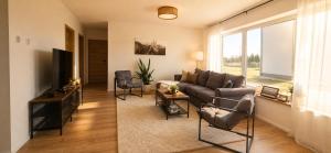 a living room with a couch and a tv at Apartment Illerblick in Dettingen an der Iller