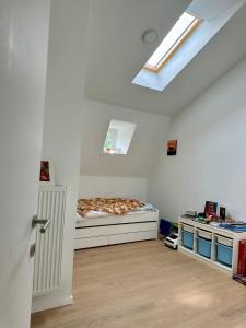 a bedroom with a bed and a skylight on the ceiling at Elegant Manor House in Tongeren