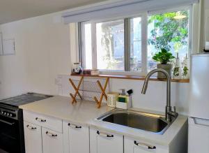 a kitchen with a sink and a window at פינה בנחלה in Ma'ale Gamla