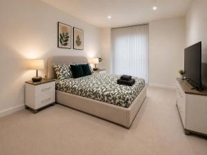 a bedroom with a bed and a flat screen tv at 2 bedroom 2 bath 1 ensuite in Roya Asenal beautiful views & parking in Woolwich