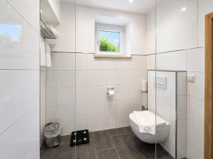 a white bathroom with a toilet and a window at Apartmenthaus Ahorn in Mittelberg