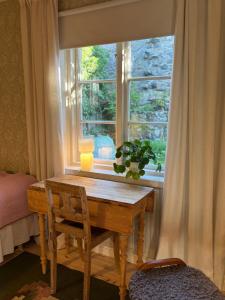 a wooden table in front of a window with a plant at Hannas hus in Karlskrona
