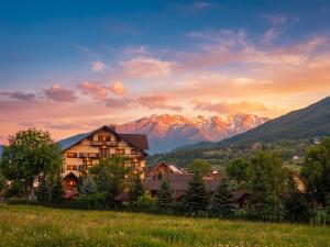 a house in a field with mountains in the background at Vila Hora cu Brazi in Zărneşti