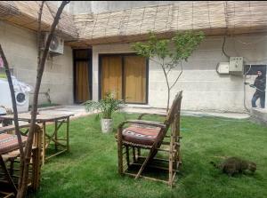 a cat laying on the grass in front of a house at إقامة مريحة وممتعة في شارع الاميرات in Baghdād