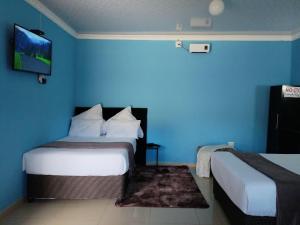 a blue room with two beds and a tv on the wall at Zamdu Lodge in Nkandla