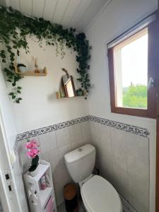 a bathroom with a toilet and a window at Le petit coin du pêcheur in Brouchaud