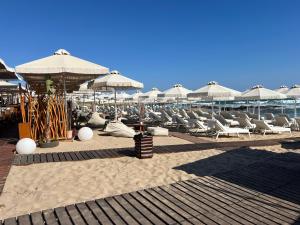 a group of chairs and umbrellas on a beach at Heaven Studios & Apartments in Stalís