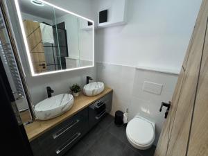 a bathroom with a toilet and a large mirror at Casa Urbano Mall- Floresti in Floreşti