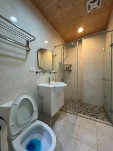 a bathroom with a toilet and a sink and a shower at Yixiangjing Guesthouse in Zhushan +25 photos