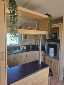 a kitchen with wooden cabinets and a black counter top at Serenity in Monreith