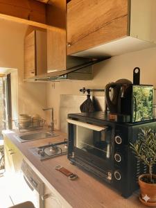 a kitchen with a microwave oven on a counter at Petite maison ardéchoise in Saint-Michel-de-Chabrillanoux