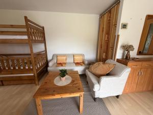 a living room with a couch and a table at Ubytování v Jedničce in Hrubá Skála