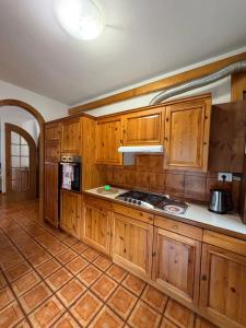 a kitchen with wooden cabinets and a stove top oven at Mountain Apartments Tarvisio in Tarvisio