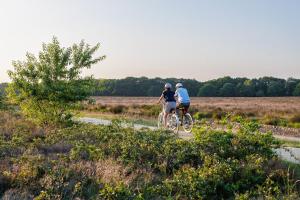 two people riding bikes on a dirt road at Kleine huisje op de Veluwe in Otterlo