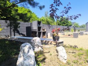 a garden with rocks in front of a fireplace at Bukowe Wzgórza in Trzebniów