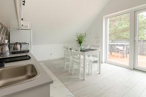 a kitchen with a table and chairs and a window at Apartament Nowinka in Tatary +5 photos