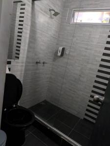 a bathroom with a shower with a toilet and a window at Hotel Aura Nutibara in Medellín +23 photos
