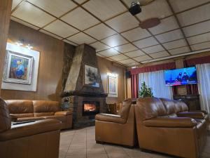 a living room with leather furniture and a fireplace at Hotel Bamby in Pescasseroli