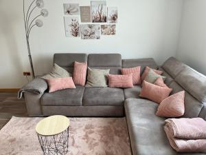 a living room with a gray couch with pink pillows at Ferienwohnung Vielfalt in Höringhausen