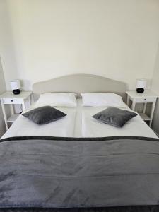 a large white bed with two pillows on it at Vilimiškės Apartamentai in Palanga
