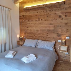 a bedroom with a bed with a wooden wall at Cesa de Conesel in Colle Santa Lucia