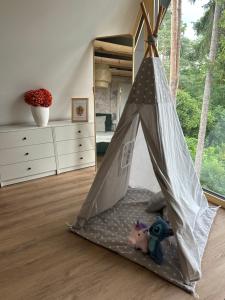 a toy tent in a bedroom with a mirror at Mezi Smrky in Bohostice