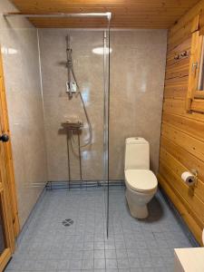 a bathroom with a toilet and a glass shower at Villa Predium renovated cottage for four in Raseborg