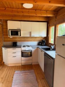 a kitchen with a stove and a microwave at Villa Predium renovated cottage for four in Raseborg +8 photos