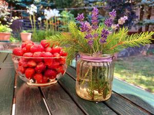 a vase of strawberries and a bowl of flowers at Fenyő Kuckó in Bodony