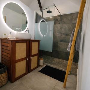 a bathroom with a sink and a shower at Tite Case Désirée in Petite Île