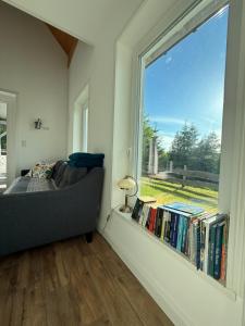 a room with a window with a couch and books at Domek letniskowy in Kolno