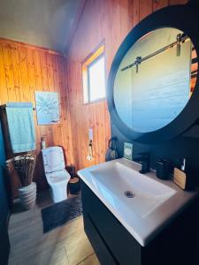 a bathroom with a sink and a mirror and a toilet at Matilo Cabins - Cactus Deck with Hot-tub and Fireplace in Calitzdorp