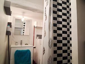 a bathroom with a checkered shower curtain and a sink at La Terrasse de Vidauban - Duplexe climatisé in Vidauban +4 photos
