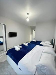 a bedroom with a large bed with blue and white sheets at Relax inn in Kobuleti +12 photos