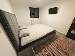 a small bedroom with a bed and a couch at Casa Alina in Nehoiu