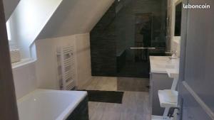 a bathroom with a tub and two sinks and a shower at La Maison d'Aure in Arreau