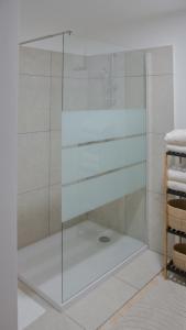 a shower with a glass door in a bathroom at Nad vasjo in Železniki +26 photos