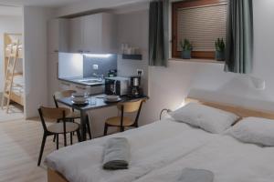a bedroom with a bed and a desk with a computer at Nad vasjo in Železniki