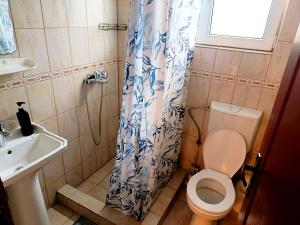 a bathroom with a toilet and a shower curtain at Casa Naomi in Eforie Nord +30 photos