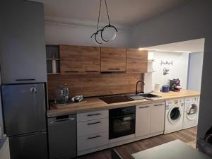 a kitchen with a refrigerator and a washer and dryer at RUX Central Park in Petroşani