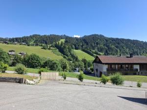 a house in the middle of a field with a mountain at ORTA Chalet in Les Gets