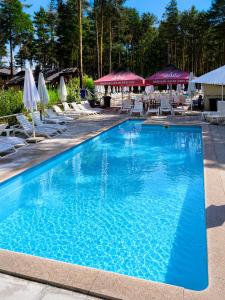 a large blue swimming pool with chairs and umbrellas at Carivka Hotel in Tsarivka