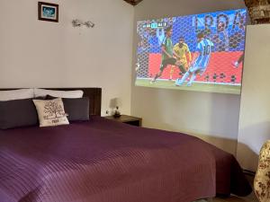 a bedroom with a purple bed with a painting on the wall at Vila Kralj in Podčetrtek