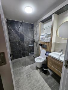 a bathroom with a toilet and a shower and a sink at Cpa Residence in Pişchia