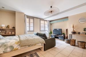 a bedroom with a bed and a couch and a tv at La suite de L'Evêché in Limoges