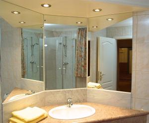 a bathroom with a sink and a shower and a mirror at Pension Schererhof in Pliening +1 photo