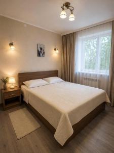 a bedroom with a large bed and a window at Baiterek Resort in Karagandy
