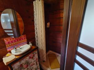 a bathroom with a sink and a mirror at Słoneczne Łąki in Wólka Soseńska