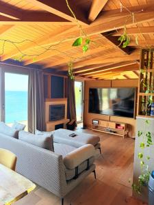 a living room with a couch and a tv at Life Butiq Otel in Yalıkavak