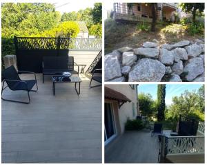 a collage of pictures of a patio with a stone wall at Entre Terrasses et Restanque - Pierrevert in Pierrevert +2 photos
